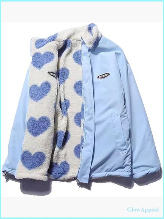 Jackets & Blazers - Women's Reversible Fleece Sherpa Jacket Kawaii Heart Print Zip Up Cozy